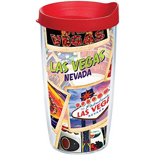 Tervis Nevada - Las Vegas Collage 텀블러 랩 and 레드 뚜껑 16oz, 클리어