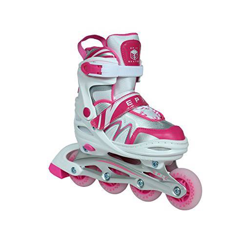 Epic Skates Pixie 조절가능 인라인 롤러 스케이트 w/ LED 라이트 Up 휠, 화이트/ 핑크, Youth 1-4
