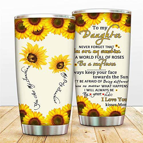 Sunflower to My Daughter 텀블러 컵 You Are My 햇빛 커피 머그잔, I Love You 진공 절연 여행용 컵 뚜껑 빨대,스트로우,스트로, 스테인레스 스틸 이중단열, 단열 물병, 워터보틀 머그컵 선물 from Mom