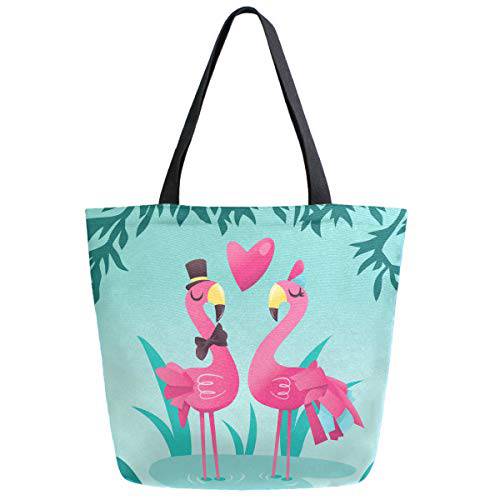 ZzWwR 열대 귀여운 커플 Flamingos 라지 캔버스 숄더 운반 탑 핸들 백 헬스장 비치 여행용 쇼핑