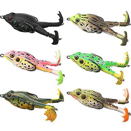 6 피스 소프트 Frog 미끼 Frog 루어, 더블 프로펠러 다리, 3D Eyes, 살아있는것같은 실리콘 스킨 패턴, 탑워터, 더큰 Splash More Attractive, 낚시 루어 세트 베이스 Snakehead Pike, 3.5 인치/ 0.45 oz