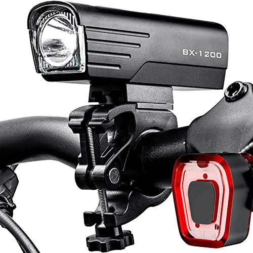 BX-1200 자전거 라이트 전면 and 후면 세트 충전식 USB Type-C 퍼포먼스 자전거 헤드라이트, 전조등&  테일라이트, 후미등 (블랙)