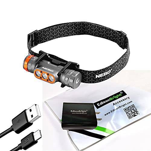 NEBO 툴 트렌센드 1500 루멘 USB-C 충전식 전조등,헤드램프 배터리 and EdisonBright 충전 어댑터 번들,묶음