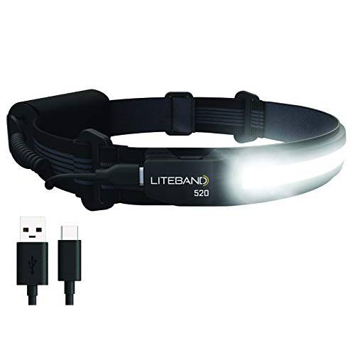 Liteband ACTIV 520 by 최적 VENTURES Wide-Beam LED 전조등,헤드램프, 210° 조명, 520 루멘, 경량, 충전식, USB-C, 레드 LED 모드, 캠핑, 런닝, 등산, Fits 하드 모자, 나이트