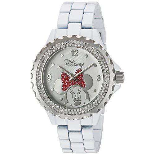 Disney Minnie Mouse Women’s Enamel Sparkle White Alloy Watch, Silver Bezel, White Bracelet, W002895