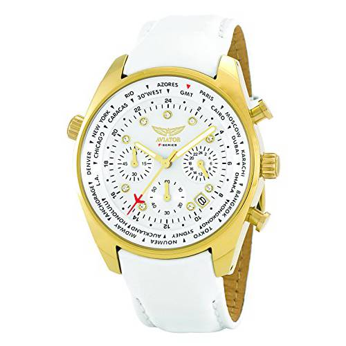Aviator Womens Watch - Ladies Casual Fashion Wristwatch - White Strap Gold Case with White Crystals - Female Quartz Oversize XL Chronograph