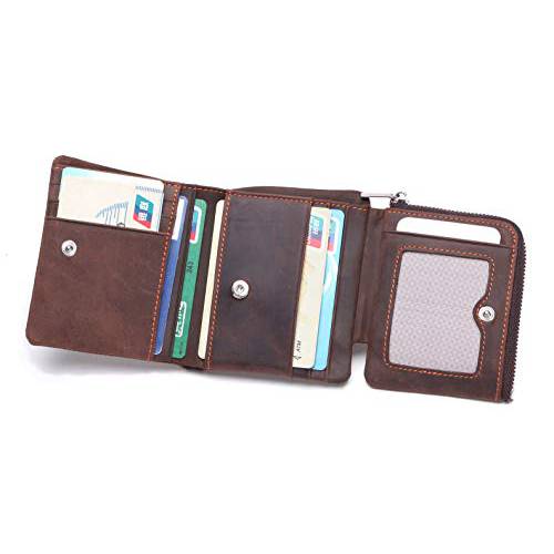 DUEBEL RFID Blocking Tri-Fold Mens Leather Wallet Holder Case Protector - Holds 9 Credit Cards + 1 ID Window + 1 Bill Compartment + 1 Zipper Coin Pocket