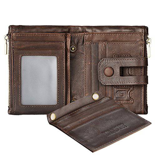 RFID 블로잉 코인 지갑 - 2 개의 지퍼 포켓이있는 빈티지 정품 가죽 - 여행용으로 적합 - 컴팩트 형 - 가로 및 세로 형 슬롯 - 16 개의 카드 용량, ID 창, 스냅 클로저