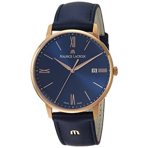 Maurice Lacroix Men’s Eliros Yellow Gold Quartz Watch with Leather Calfskin Strap, Blue, 20 (Model: EL1118-PVP01-411-1