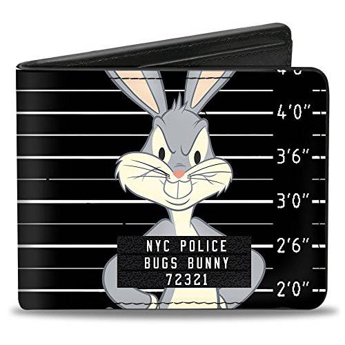 Buckle-Down  남성용 Buckle-down Pu 바이폴드 - Bugs Bunny Nyc Police 머그잔 Shot 블랙/ 화이트 양 폴드 지갑, 다양한색, 4.0 x 3.5 US