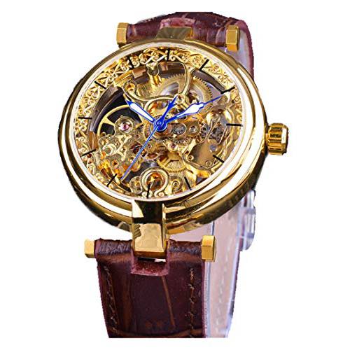 해골 자동 스팀펑크 시계 Gold-Tone Luminous 핸드 가죽 스트랩 Wrist-Watch