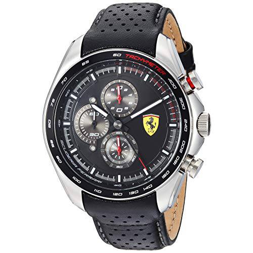 Ferrari Men’s SPEEDRACER 스테인레스 스틸 쿼츠시계 가죽 송아지가죽 스트랩, 블랙, 21 (모델: 0830648)