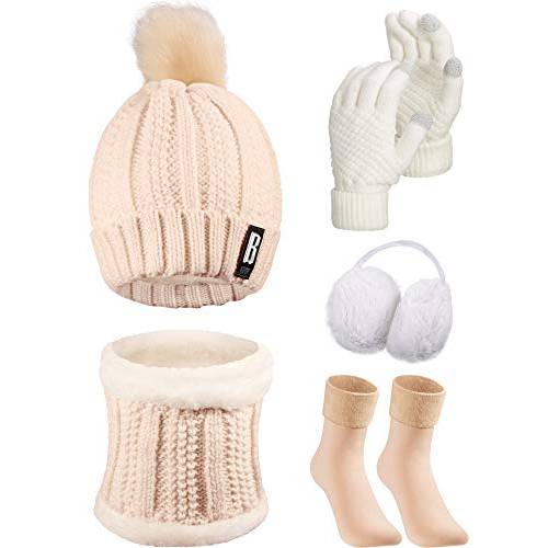5 피스 여성용 겨울 스키 Outing 세트, 니트 모자 스카프 장갑 귀마개 Stockings (베이지, 카키색옷천)