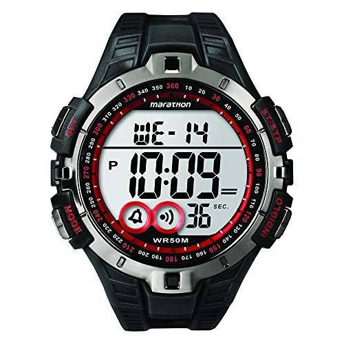 Marathon by Timex Men’s T5K423 디지털 Full-Size 블랙/ 건메탈 그레이/ 레드 레진 스트랩 워치