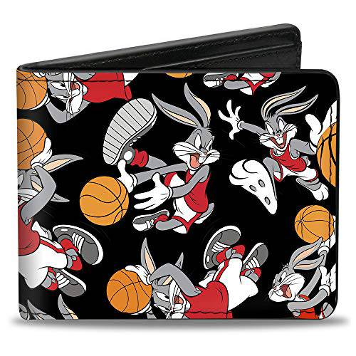 Buckle-Down  남성용 Buckle-down Pu 바이폴드 - Bugs Bunny 농구 포즈 Scattered 블랙 양 폴드 지갑, 다양한색, 4.0 x 3.5 US