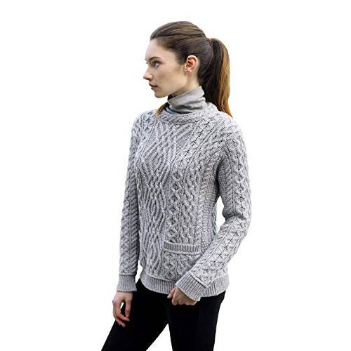 Aran Crafts Women’s 아이리쉬 케이블 니트 2 포켓 스웨터 (100% 메리노 양모)