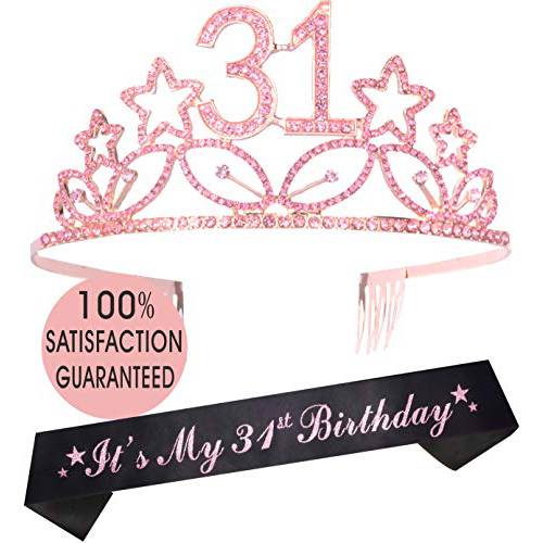 31st 생일 선물 여성용, 31st 생일 Tiara and Sash 핑크, 행복 31st 생일 파티 도구, 31& Fabulous 글리터, 빤짝이 세틴 Sash and 크리스탈 Tiara 생일 왕관 31st 생일 파티 도구