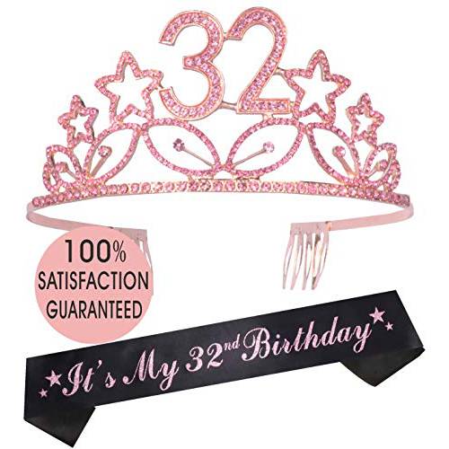 32nd 생일 선물 여성용, 32nd 생일 Tiara and Sash 핑크, 행복 32nd 생일 파티 도구, 32& Fabulous 글리터, 빤짝이 세틴 Sash and 크리스탈 Tiara 생일 왕관 32nd 생일 파티 도구