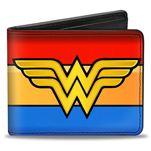Buckle-Down PU 바이폴드 지갑 - Wonder Woman 로고/ 줄무늬 레드/ Yellows/ 블루