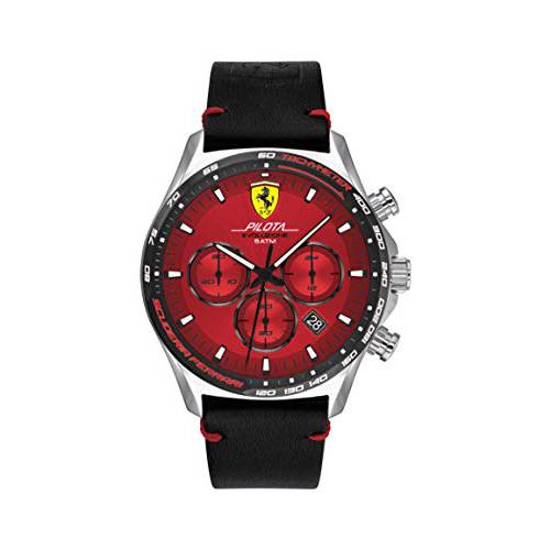 Scuderia Ferrari Men’s Pilota Evo 스테인레스 스틸 쿼츠시계 가죽 송아지가죽 스트랩, 블랙, 22 (모델: 0830713)