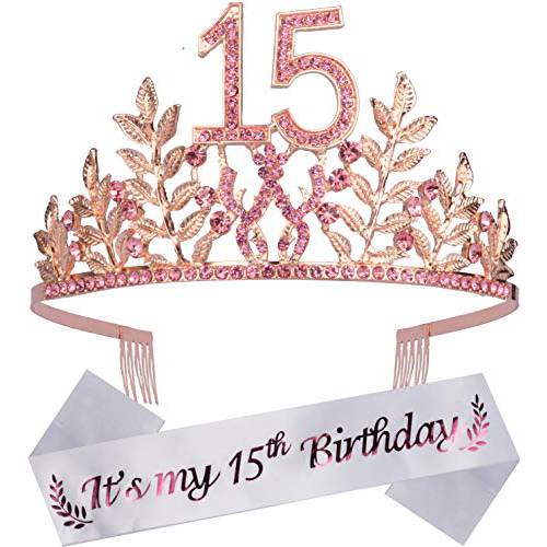 15th 생일 선물 Girls, 15th 생일 Tiara and Sash, It’s My 15th 생일 Sash and 크리스탈 Tiara, 15th 생일 데코,장식 Girls, 15th 생일 파티 도구, 행복 15th 생일