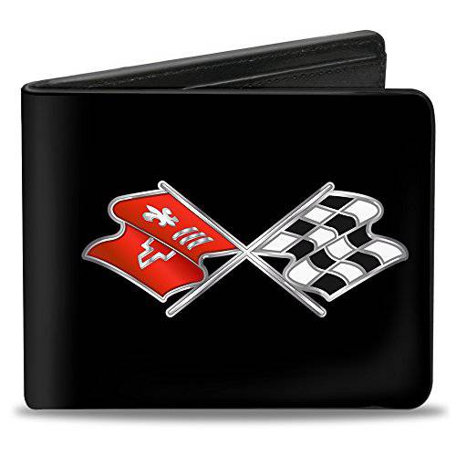 Buckle-Down  남성용 Buckle-down Pu 바이폴드 - 콜벳 C3 Crossed 플래그 로고 블랙 양 폴드 지갑, 다양한색, 4.0 x 3.5 US