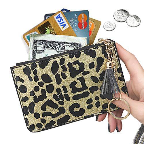 AnnabelZ  동전 지갑 체인지 지갑 파우치 Bling 카드 홀더  키링, 열쇠고리, 키체인 Zip (a 골드 표범)