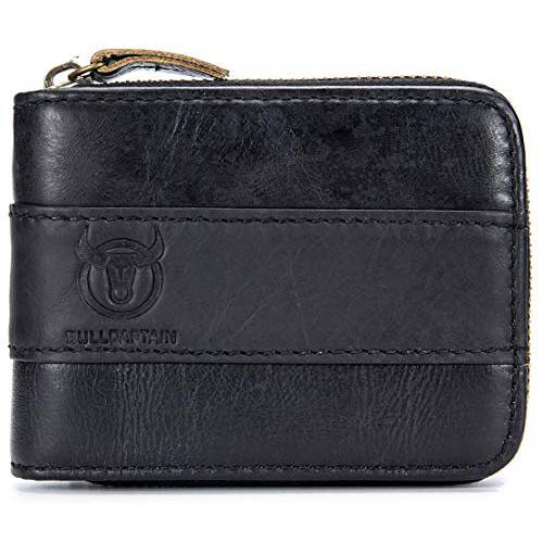 남성용 가죽 지갑, RFID 차단 빈티지 Zip 어라운드 바이폴드 지갑 신용 카드 홀더 (블랙)
