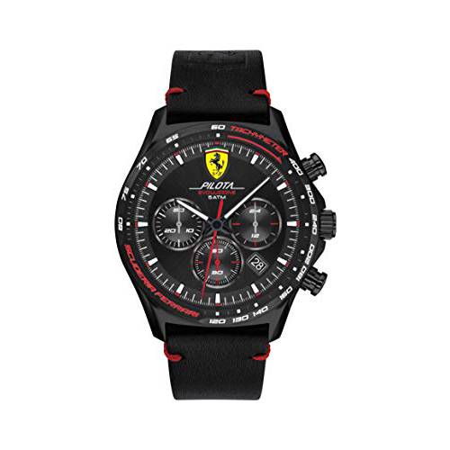 Ferrari Men’s Pilota Evo 스테인레스 스틸 쿼츠시계 가죽 송아지가죽 스트랩, 블랙, 22 (모델: 0830712)