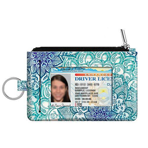 Zip ID 케이스 카드 홀더, Fintie  슬림 동전 지갑 지갑 RFID 차단 체인지 파우치  키링, 열쇠고리, 키체인 (에메랄드 Illusions)