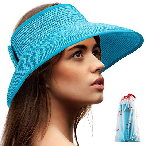 폴더블 썬 바이저 여성용 - 비치 모자 넓은챙 썬 모자 롤 Up 밀짚모자