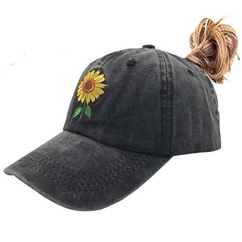 NVJUI JUFOPL Women’s 귀여운 Sunflower 포니테일 야구모자 빈티지 Washed 조절가능 Funny 모자