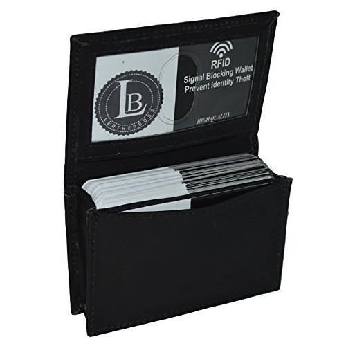 Leatherboss 천연가죽 RFID 보호 신용 명함카드, 비즈니스 카드 홀더 케이스 지갑 확장가능 포켓, 블랙