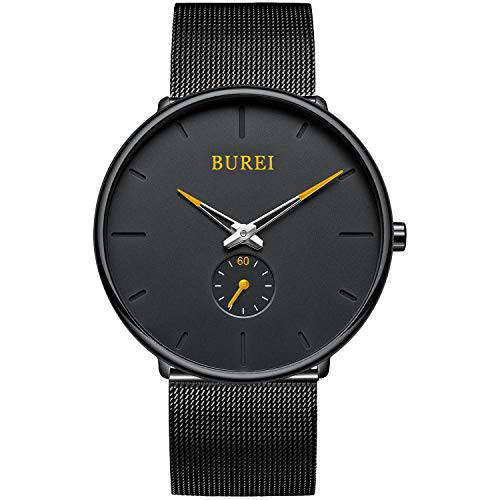 BUREI Men’s 패션 미니멀리스트 손목시계 아날로그 딥 그레이 다이얼 매쉬 밴드