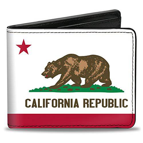 Buckle-Down  남성용 Buckle-down Pu 바이폴드 - 캘리포니아 깃발 Bear 화이트 양 폴드 지갑, 다양한색, 4.0 x 3.5 US