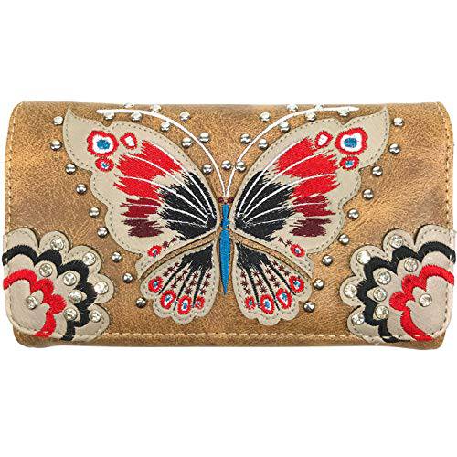 Zelris Peacock 버터플라이 플로럴 자수 크로스바디 트라이폴드 지갑