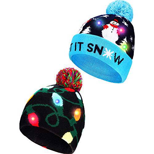 SATINIOR 2 피스 크리스마스 LED 라이트 up 비니 모자 Ugly 스웨터 니트 모자 크리스마스 파티 (끈,스트립,선 라이트, 눈사람)