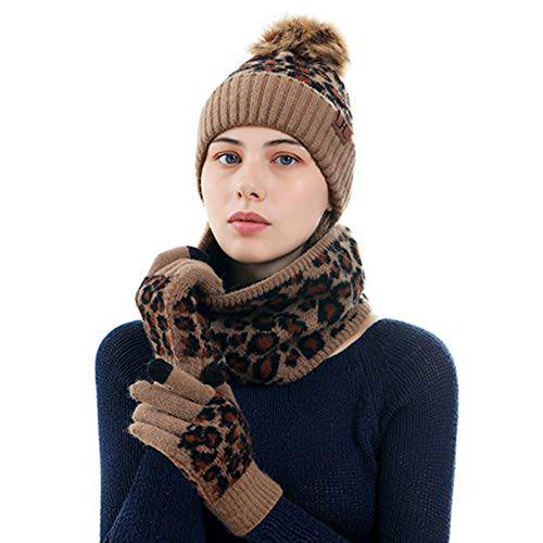 CHUANGLI New Warm 겨울 표범 인쇄 모자 스카프 세트 3 PCS 니트 모자 스카프 터치 스크린 장갑 선물 세트 남성용 여성용