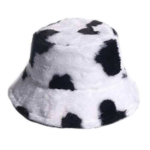 TENDYCOCO  버킷 모자 Cow 패턴 인조 퍼 어부 모자 포장가능 풍성한 모자 겨울 모자 남성용 여성
