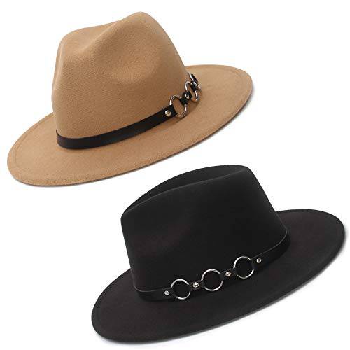 EOZY 2 PCS 페도라 모자 여성용, 클래식 넓은챙 페도라 모자 벨트 버클 펠트 파나마 모자 여성용 걸스
