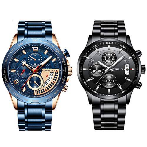 CRRJU Men’s 시계, 스테인레스 스틸 럭셔리 방수 쿼츠 손목 워치 남성용, 블루/ 블랙