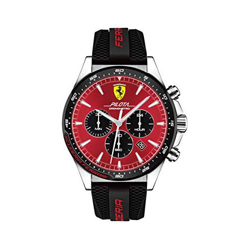 Ferrari Men’s Pilota 스테인레스 스틸 쿼츠시계 실리콘 스트랩, 블랙, 22 (모델: 0830595)
