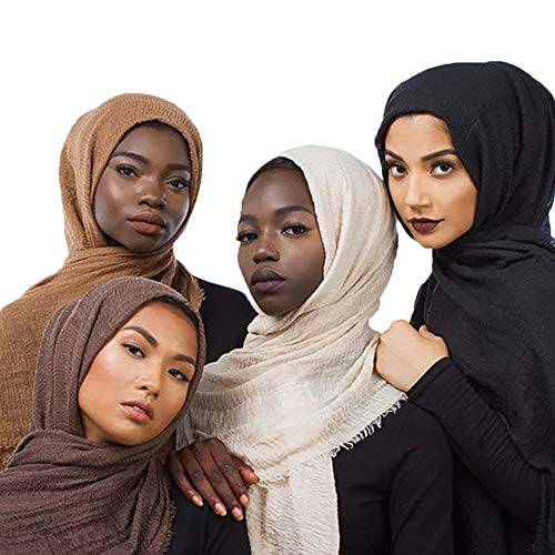 QYMY 4pcs 세트 Hijab 이슬람교도 헤드 스카프 솔리드 컬러 롱 스카프 랩 스카프 코튼 스카프 여성용 패션 L70.7”xW29.5” QY414