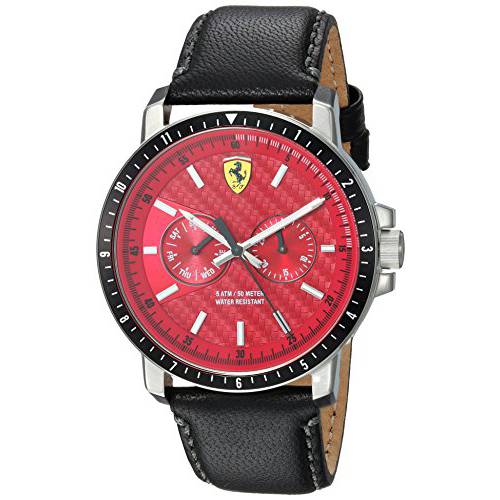 Ferrari Men’s 터보 스테인레스 스틸 쿼츠시계 가죽 스트랩, 블랙, 22 (모델: 830449)
