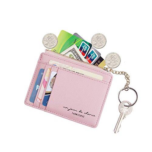 여성 슬림 가죽 카드 케이스 홀더 스몰 지갑 귀여운 동전 지갑 걸 미니 지갑 키체인,키링,열쇠고리 (핑크)