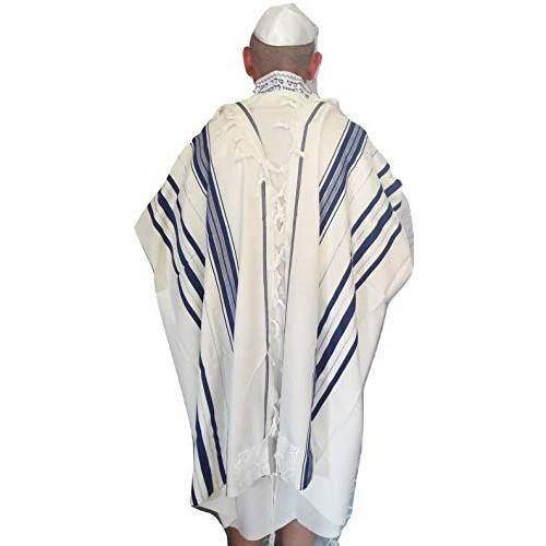 코셔, Kosher, 코셔 인증 Tallit 기도 숄 100% 양모 43x63/ 110x160cm Israel.blue& 실버 Stripes N-45
