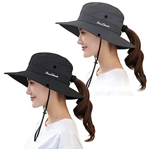 2 피스 Women’s 포니테일 썬 모자 UV 프로텍트 폴더블 넓은챙 비치 낚시 모자