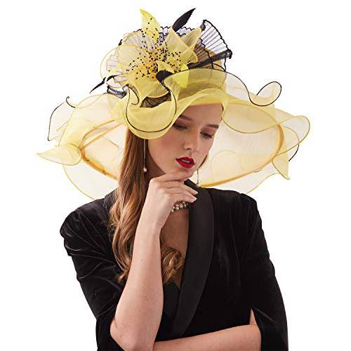 ELLYDOOR 여성 Kentucky 더비 Church 모자 오간자 플라워 웨딩 티,차 파티 Fascinator 모자 넓은챙 썬 모자