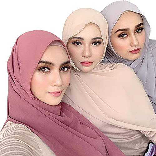QYMY 3PCS 여성 소프트 쉬폰 스카프 솔리드 컬러 Hijab 이슬람교도 헤드 스카프 롱 스카프 랩 스카프 쉬폰 스카프