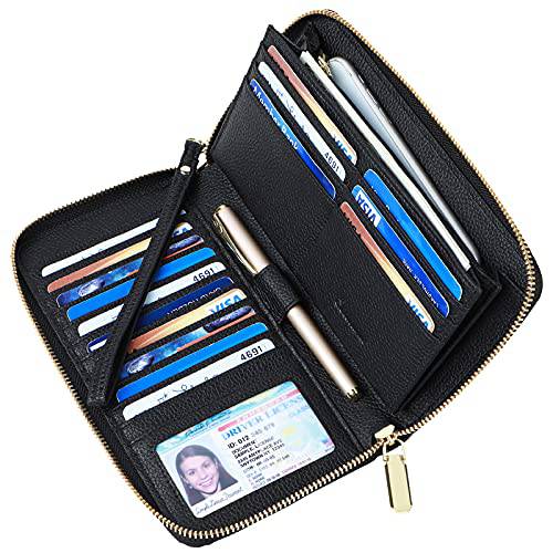 Zip 어라운드 지갑 여성용 RFID 차단 대용량 천연가죽 지갑 Wristlet 신용 카드 홀더 폰 클러치 지갑 (블랙)